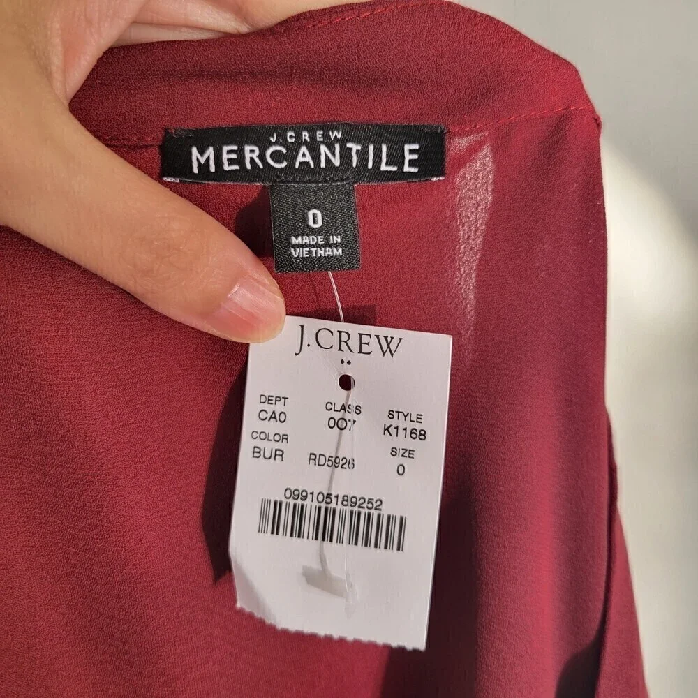 NEW J. Crew Mercantile Burgundy Red Bow Bell Sleeve V-neck Blouse Top Size 0